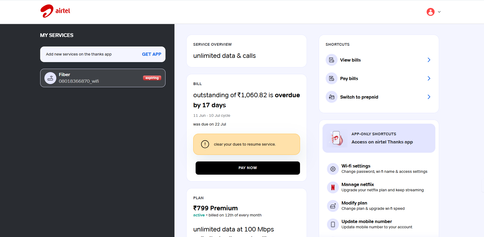 Example of web portal- self services - airtel