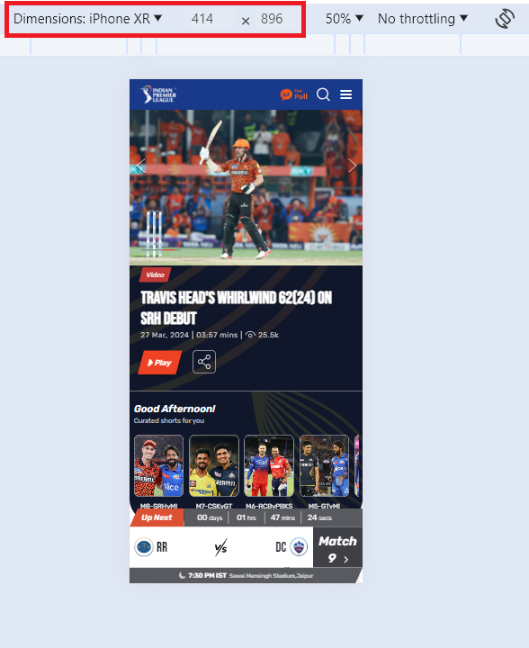 responsive-and-mobile-friendly-dimension-415x896- IPL T20 Website